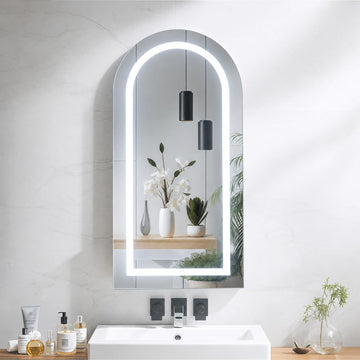 Arched Medicine Cabinet with LED Light, Recessed Black Bathroom Mirror Cabinet with Integrated Storage, Wall-Mounted