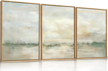 Large Abstract Green Gray Pastel Framed Canvas Wall Art,Neutral Landscape Wall Decor,Modern Watercolor Lake