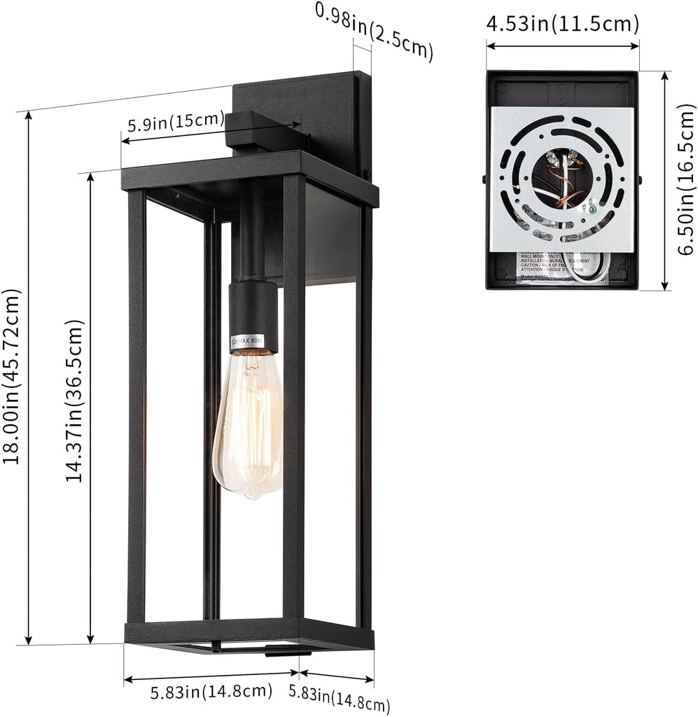18" Classic Outdoor Wall Sconce 1 Light in Matte Black Rectangular Metal Frame and Clear Glass Shade Waterproof Porch