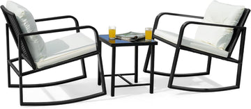 Patio Chairs 3 Piece Wicker Rocking Chair Bistro Sets, White | Outdoor Rocking Chairs with Coffee Table and Cushions