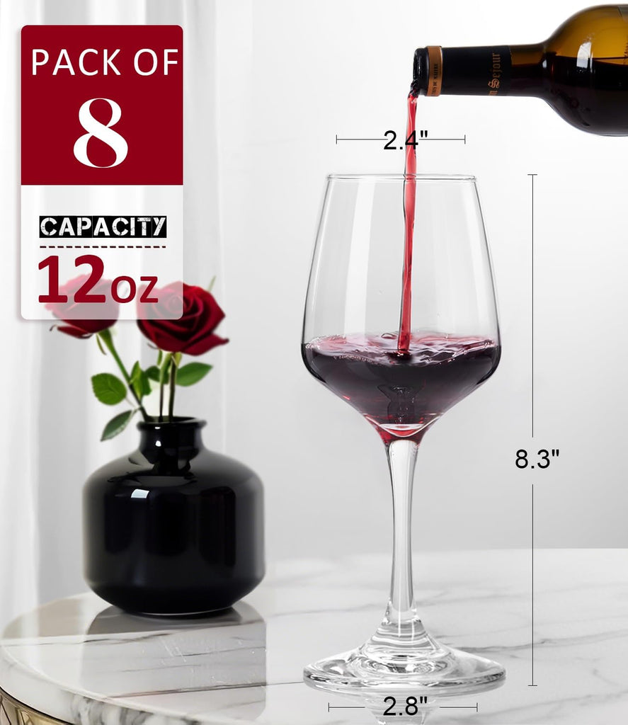Wine Glasses Set of 8, 12oz Red or White Wine Glasses, Thick, Clear, Long Stem Wine Glasses, Perfect , Bars, Wedding