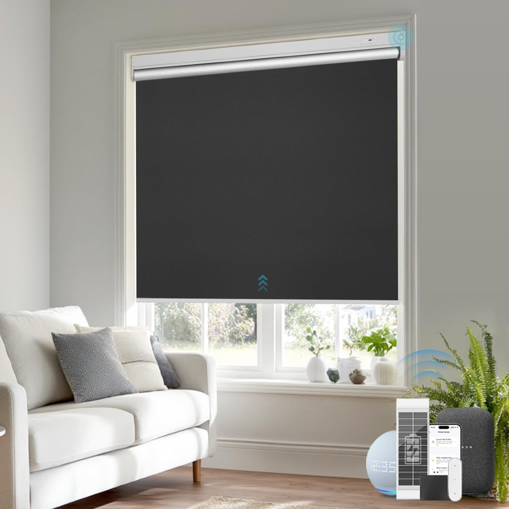 Smart Motorized Blackout Roller Blinds with Remote & Solar P - Black 28”*72”