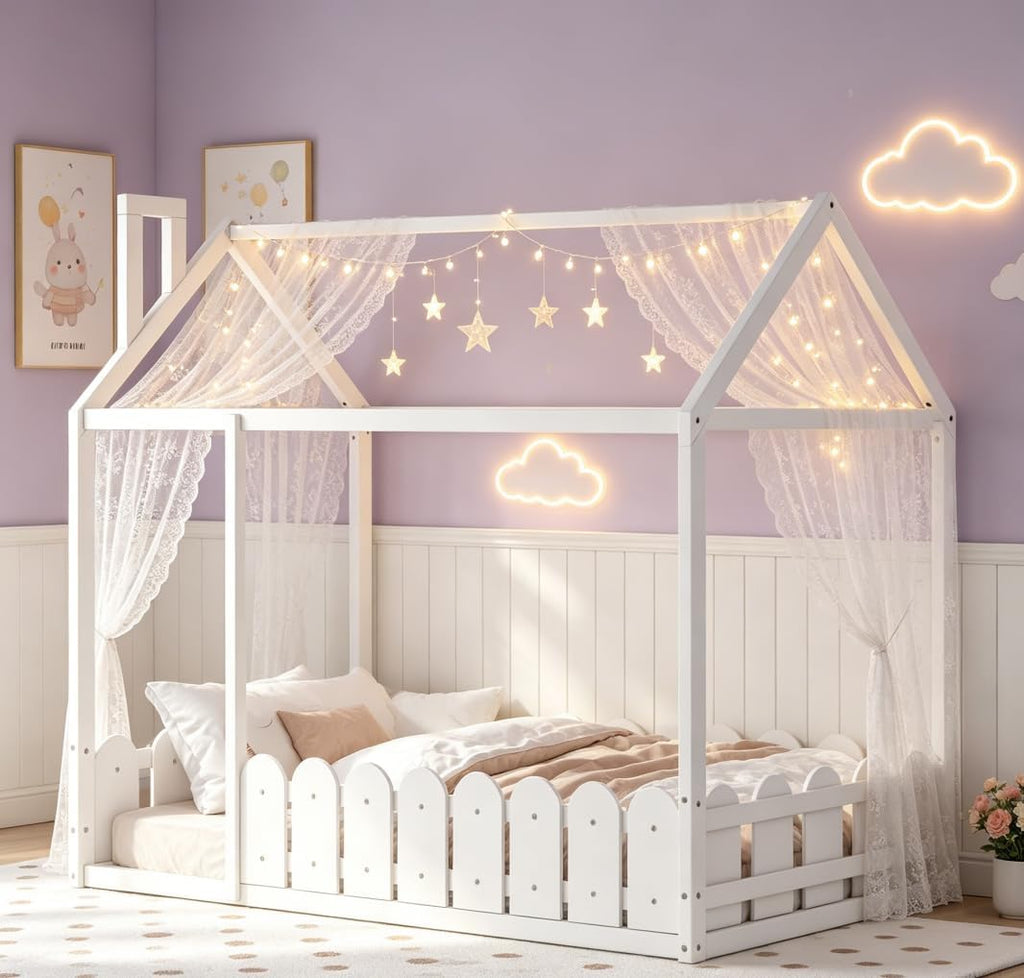 Tw Floor Bed with Rail for Kids, Wood Montessori Floor beds with roof for Kids, no slats White