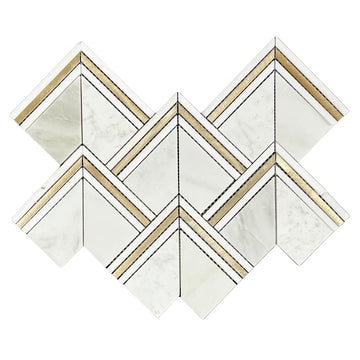 HTC165 Diaspore 10x14 Marble & Brass Mosaic Tile - Waterjet Cut Calacatta Carrara Mix with Gold Metal, Mesh-Mounted