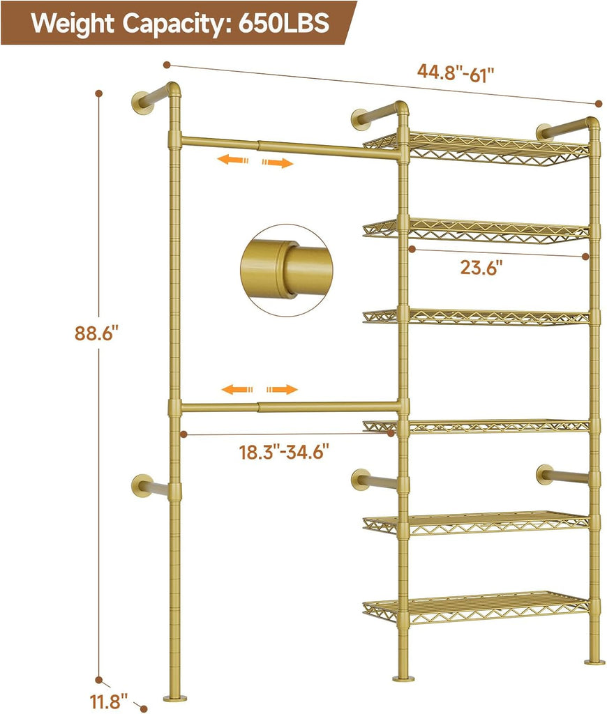 Wall Mounted Garment Rack, Walk-in Closet System with Expandable Rods, Adjustable Shelves, Industrial Pipe Clothing