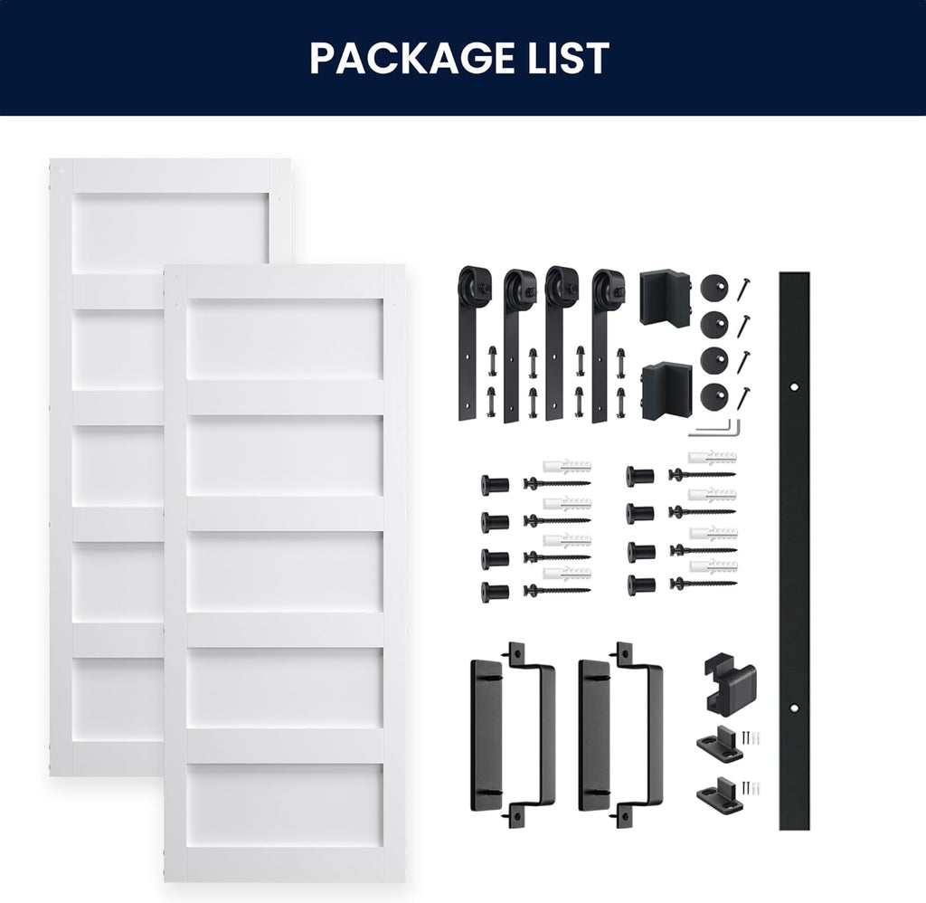 64in x 84in (Double 32x84 Door) White Barn Door with 11FT Sliding Door Hardware Track Kit Included, 