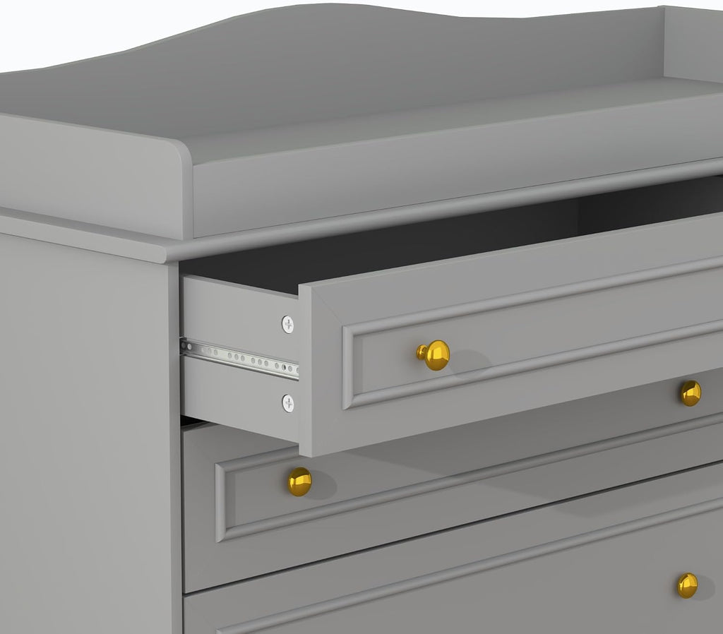 Grey Changing Table Dresser, Baby Nursery Dresser, Baby Diaper Changing Table, 5 Drawers, Adjustable Shelves, Metal