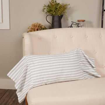 Timeless Ticking Ruffled Throw Pillow Cover, 12" x 20", Soft White and Gray Ticking Stripes, Vintage Farmhouse Style