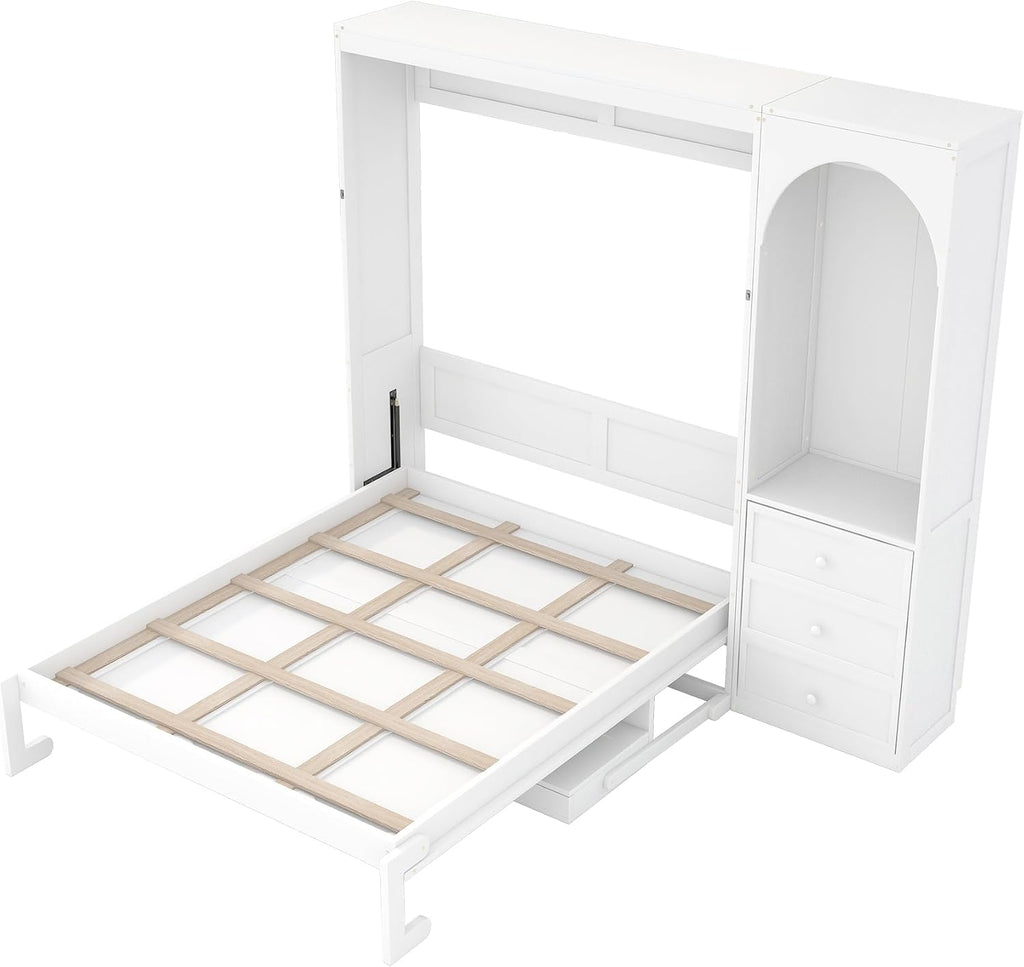 Queen Murphy Bed,Murphy Bed with Storage Shelf,LED Light Closet Rod and 3 Drawers,White