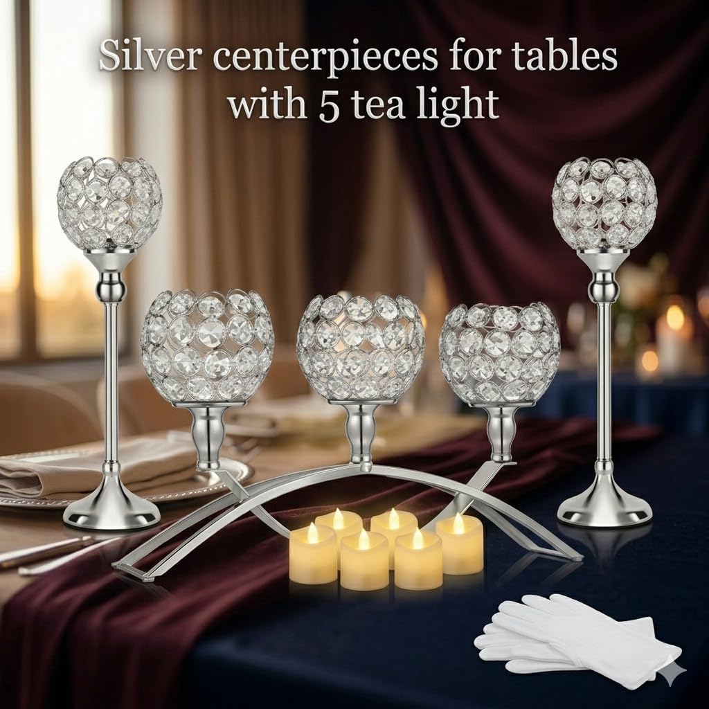 Silver Crystal Candle Holders, Decorative Arch Candelabra Centerpieces for Tables, 3-Arm Candlesticks Holder and 2