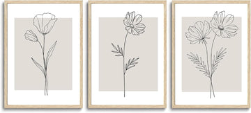 3 Piece Neutral Flower Framed Wall Art Beige Minimalist Floral Canvas Art Prints Boho Botanical Line Pictures Wall