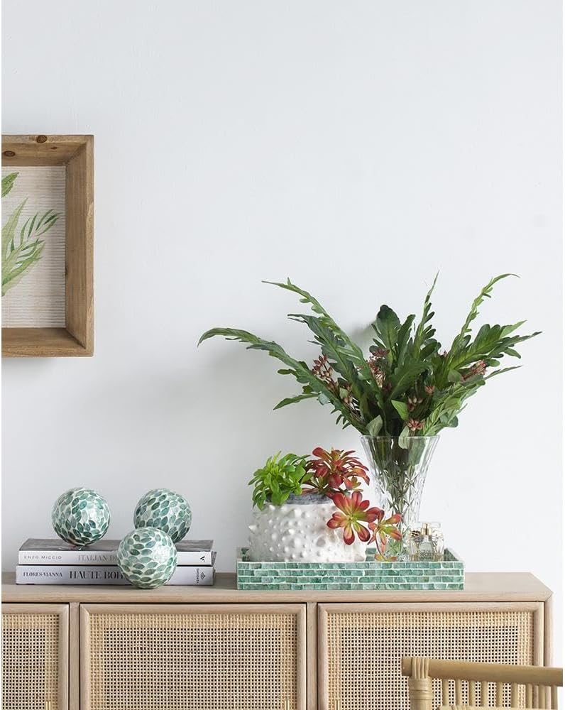 Set of 3 Ceramic and Capiz Decorative Spheres - Handcrafted Green Leaf Mosaic Orbs Decor, Tabletop Accent, Shelf