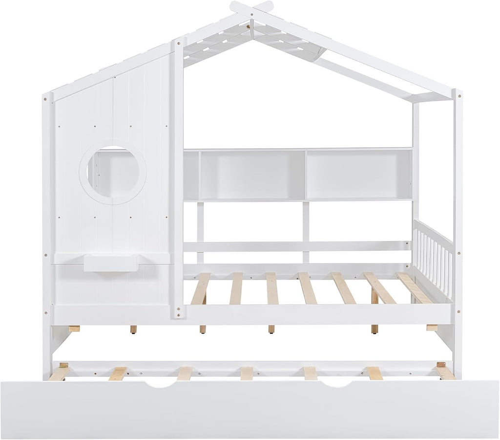 Full Size Daybed with Trundle and Bookshelf, No Box Spring Needed, White | House Bed with Roof and Round Window for
