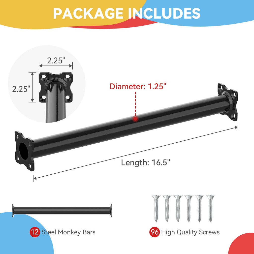 16.5 Inch Monkey Bars Kit Monkey Bar Ladder Rungs (Black, 12 Pcs)