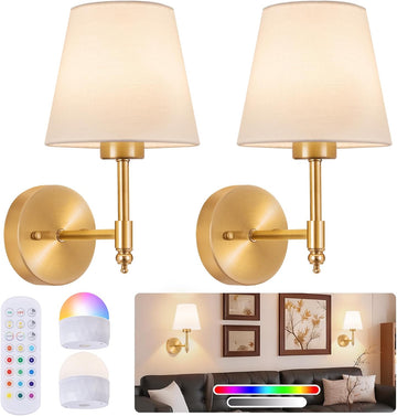 Battery Operated Wall Sconce Set of 2, Rechargeable Wireless Wall Lights with fabric Lampshade, 5200mAh Dimmable