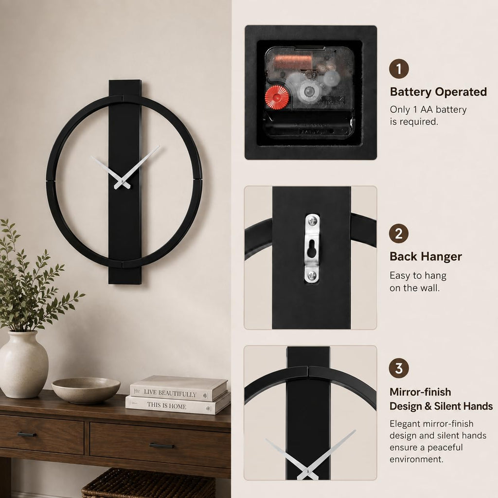 Black Mirror Wall Clock, 24"x27" Modern Clock Wall Decor