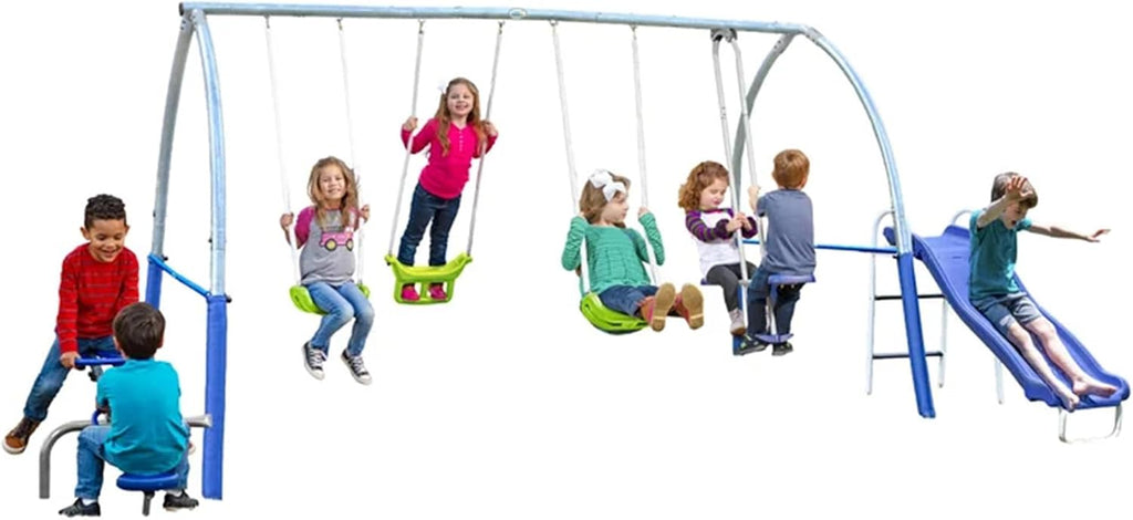 Titan II Safe-Arch Swing Set for Backyard, Silver, Blue & Green - Includes Seesaw, 2 Swing Seats, Stand R, Air