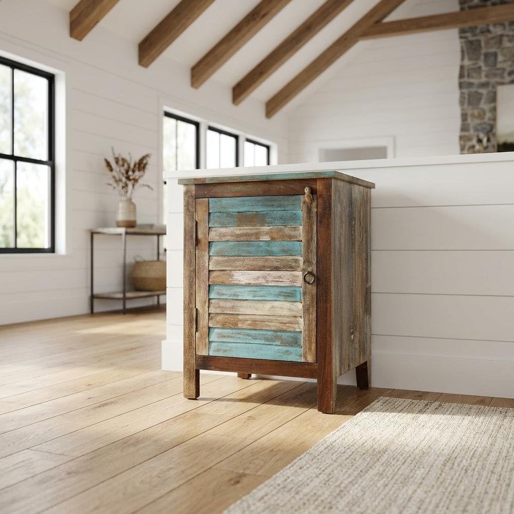 Coastal Mango Wood Storage Cabinet, Distressed Finish Accent Chest with Iron Hardware, Living Room Furniture