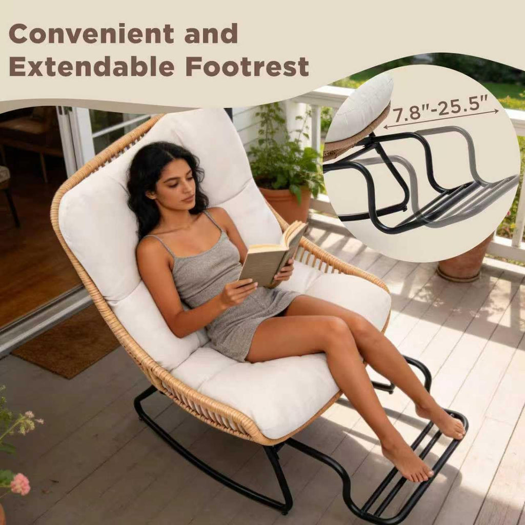 Outdoor Rocking Papasan Chair with Adjustable Footrest, Patio Egg Rocking Chair with Thick Cushion, Steel Frame