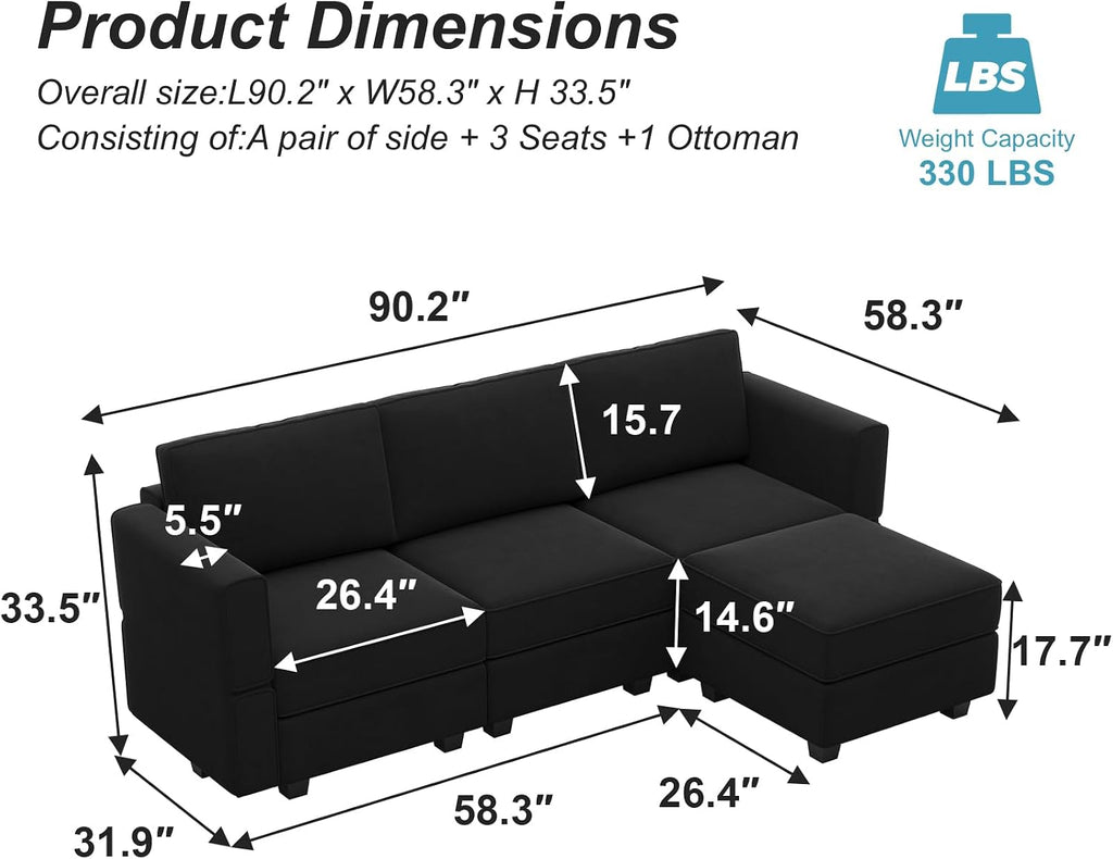 Modern L Shaped Velvet Sectional Sofa with Chaise, Black, Storage, Adjustable Arm/Backrest