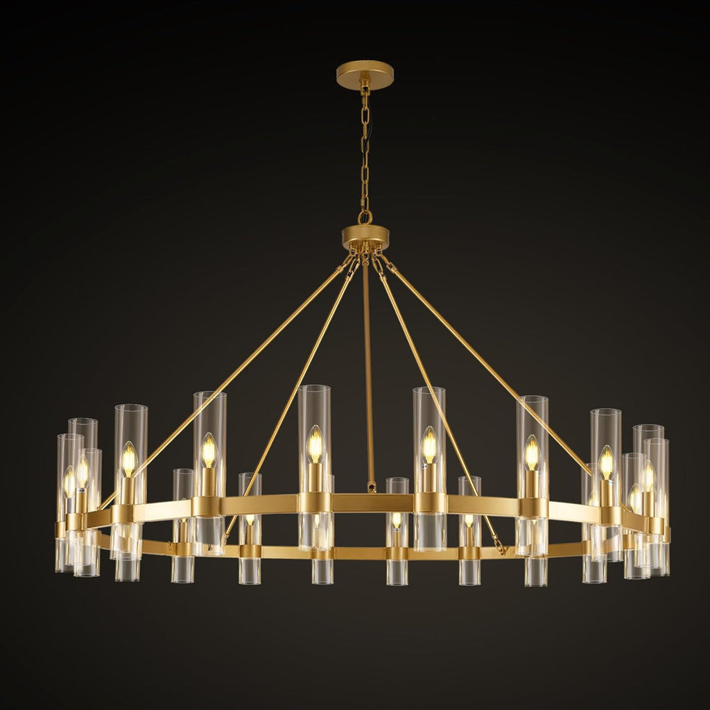 Gold Wagon Wheel Chandelier, 60 Inch Glass Chandeliers, 20 Light Chandelier for High Ceiling, Modern Farmhouse Chandeliers for Living Room, Dining Room, Entryway, Stairwell(Bulbs Included) A115-B0F29CRZQ5