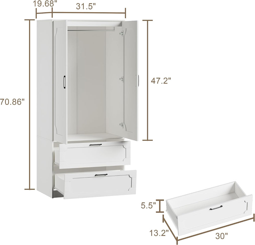 71''H Armoire Wardrobe Closet with 2 Doors and 2 Drawers | Modern Clothing Storage Cabinet with Hanging Rod, Wooden