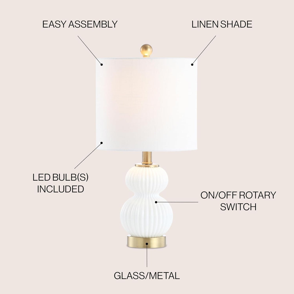 20" White/Brass Gold Ribbed Gourd Glass Table Lamp, Modern Bedside Lamp Living Room, White Linen Drum Shade