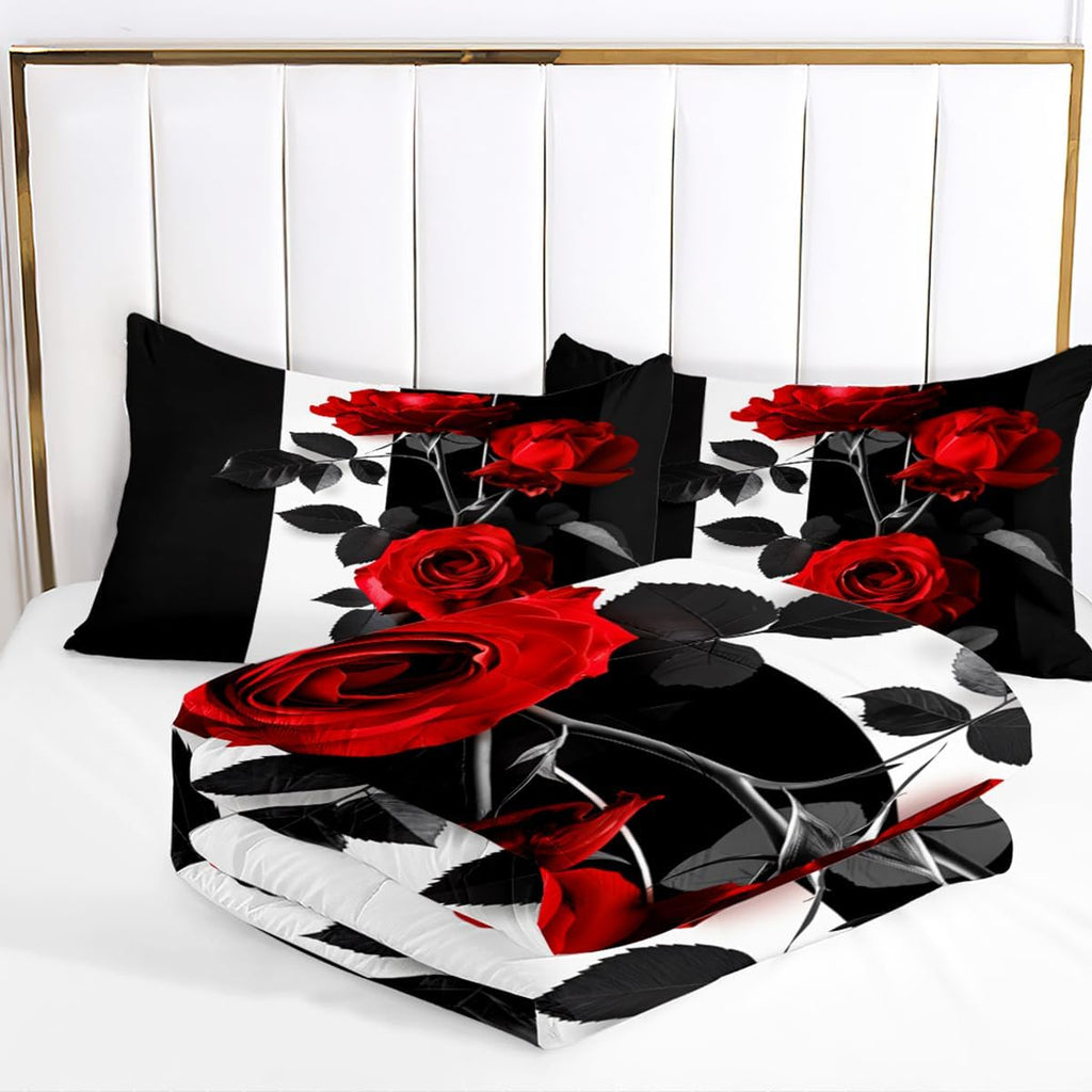 Rose Comforter Set Black Red Bedding Set Striped Floral Bedding for Women Aesthetic Comforter with 2 Pillowcases