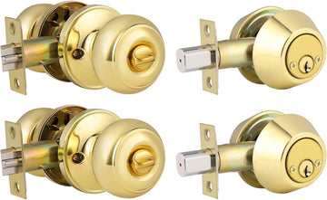 2 Pack Polished Brass Round Entry Door Knobs and Deadbolt Combination Set, Keyed Alike Double Cylinder Deadbolt Door