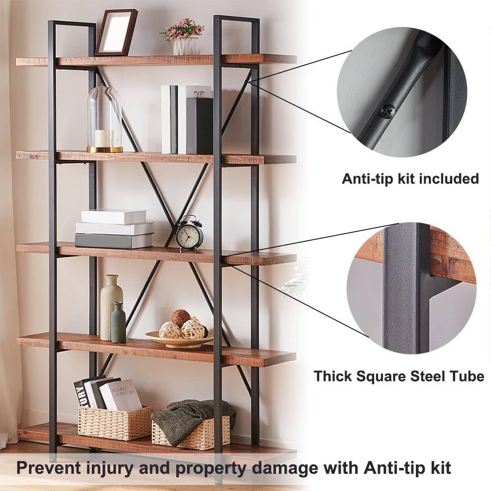 5 Tier Industrial Solid Wood Bookshelf, Distressed Brown