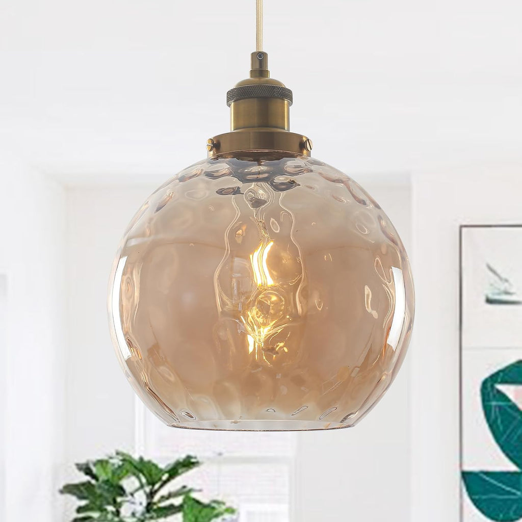 Plug in Pendant Light, Amber Brown Glass Chandelier Hanging Light Fixture for Dining Room
