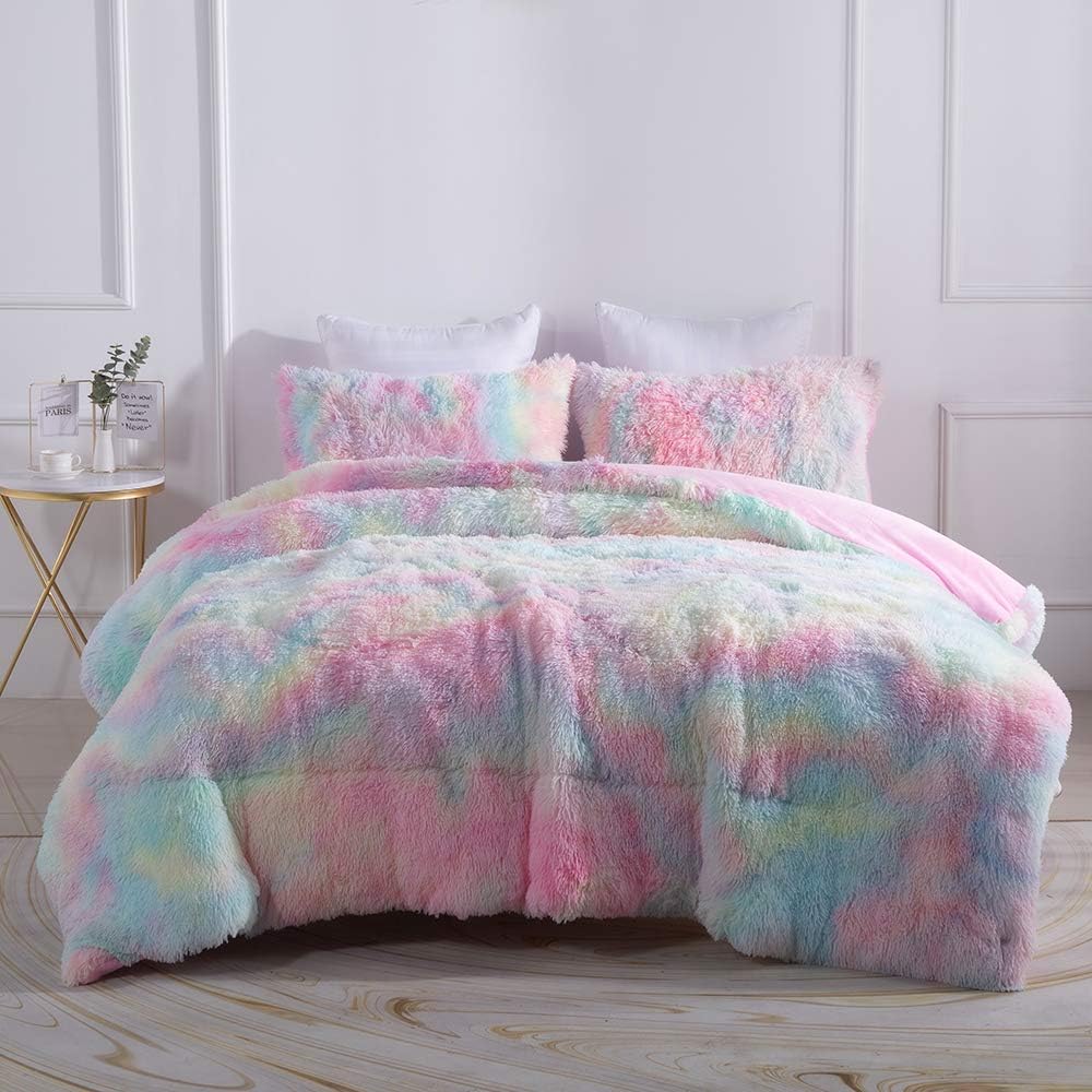 Faux Fur Plush Rainbow Comforter Set Fluffy Fuzzy Shaggy Bedding Set - 3PC Microfiber Soft Warm Quilt Set
