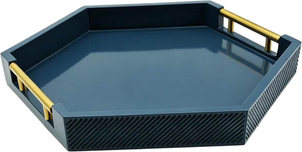 Hexagon Decorative Serving Tray with Polished Gold-Tone Metal Handles, Black Glossy Finish, Large Ottoman and Coffee