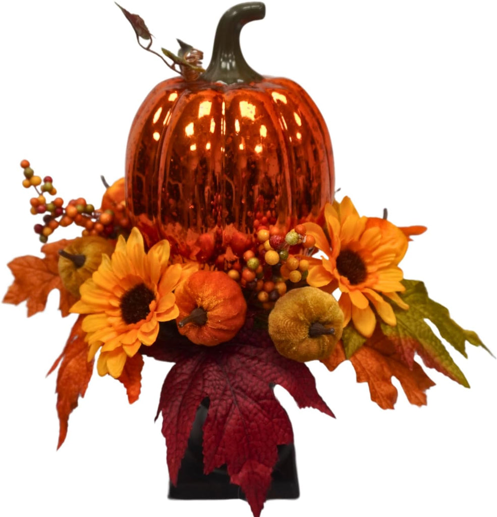 15 Inch Lighted Fall Pumpkin Arrangement with Pumpkin, Daisies