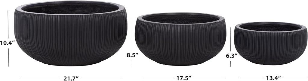 Outdoor Patio Furniture Collection - Anita Black Planter Pot Set of 3, Fiber Clay Decorative Planters, Ribbed Bowl