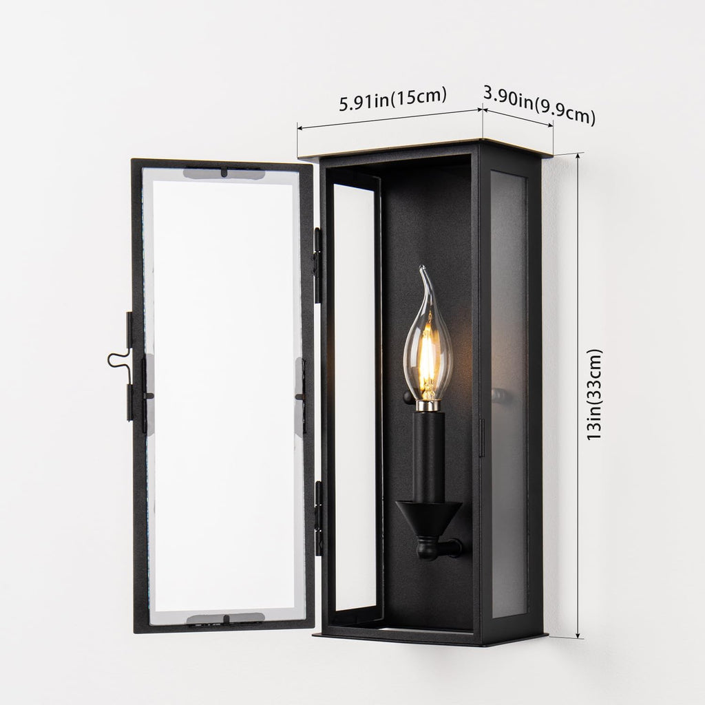 13" Classic Outdoor Wall Sconce 1 Light in Matte Black Rectangular Metal Frame and Clear Glass Shade Waterproof Porch Light Patio Light Pack of 2