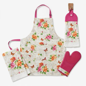 4-Piece Kitchen Linen Set, Apron, Oven Mitt & Towel Gift | Complete 4-piece cotton kitchen linen set designed for