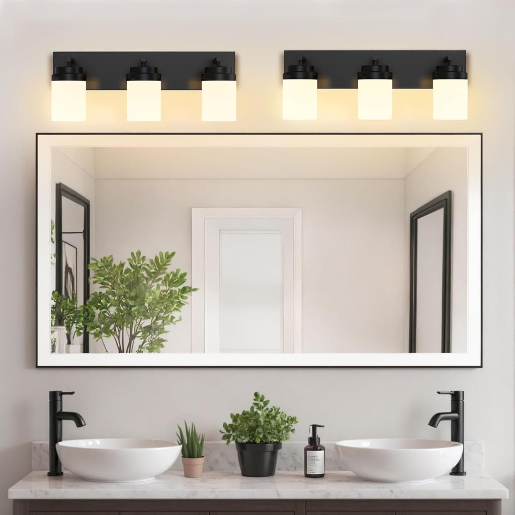 Bathroom Vanity Light Fixture, 3-Light 22 Inch Matte Black Bathroom Light Fixtures Over Mirror, with White Glass