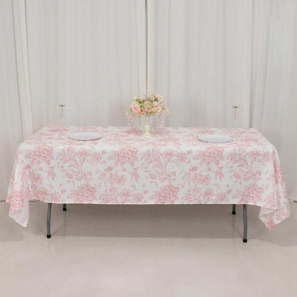 60x102 inch Tablecloth White Pink French Toile Polyester Rectangular Vintage Pastoral Floral Rustic Table Cloth