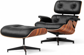 Mid-Century Modern Lounge Chair & Ottoman — Premium Top-Grain Leather, Rosewood Base, Extended Chaise
