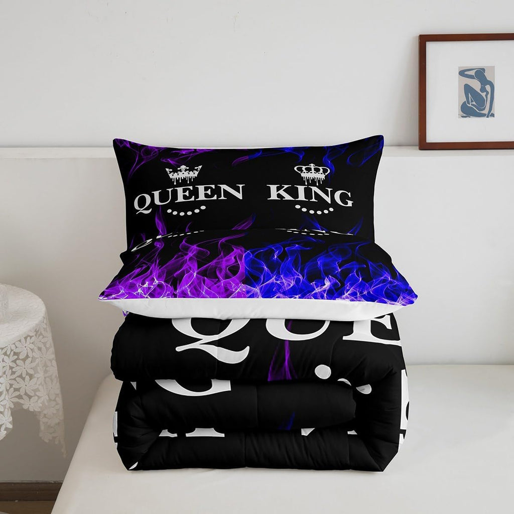 King and Queen Crown Comforter Set Modern Chic Bedding Set Queen Duvet Insert All Season Sets for Couples 3 Pieces - Set of 3