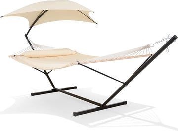 Portable Outdoor Hammock with Stand, Sun-Protective Canopy, Beige | Double Hammock with Stand for Outside, Patent
