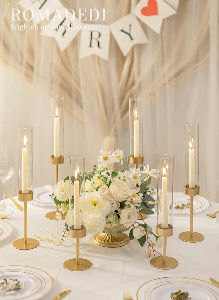 Glass Hurricane Candlestick Holders Gold - 18 PCS Taper Candle Holder Bulk Tall Clear Glass Cylinder Table