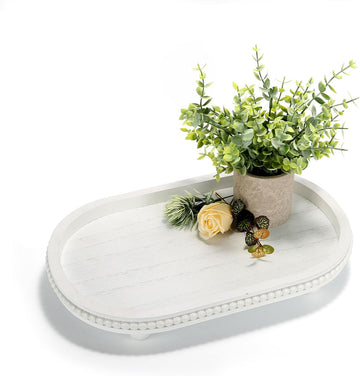 Wooden Decorative Tray Decor, Beaded White Oval Tray Decor for Coffee Table, Rustic Wood Serving Trays Farmhouse