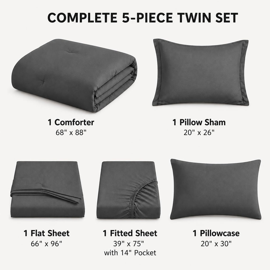 Full Comforter Set, 7-Piece Point-Quilted Bed in a Bag, Dark Grey
