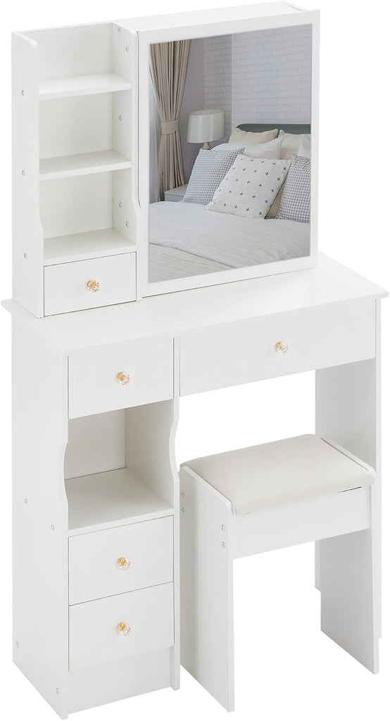 29.2" Small Space Makeup Vanity Table with Stool, Sliding Large Mirror Dressing Desk with Drawer Storage, Compact