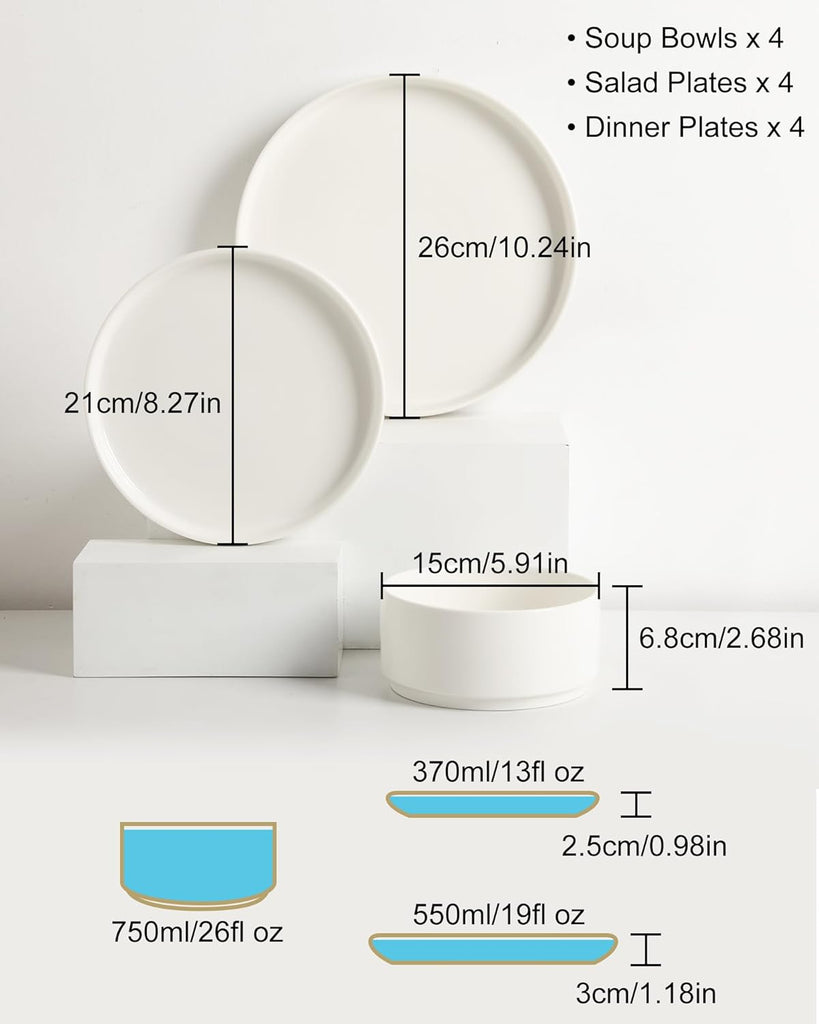 Porcelain Dinnerware Sets for 4, 12 Pieces Ceramic Plates and Bowls Set
