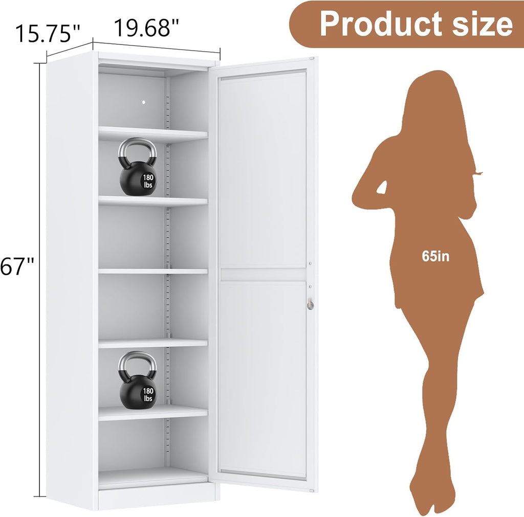 Lockable Tall Pantry Cabinet, Adjustable Shelves, Narrow Storage Cabinet | 1 Lock for Full Cabinet Security, 5
