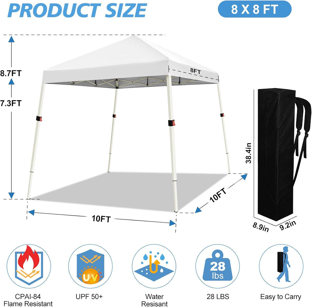 10x10 Slant Legs Pop Up Canopy Tent, 1-Button Push Setup Canopy Tent, Adjustable Height Instant Portable Shelter - Pure
