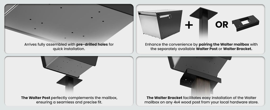 Walter Post Mount Mailbox, Modern Curbside Stainless Steel, Large Locking, Black